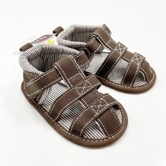 NEW First Steps chocolate canvas w/stripe baby sandals - Picture 2 of 5